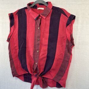 Baci Sleeveless Top Button Up Collar Tie-Front Linen Shirt Womens L Style #8164